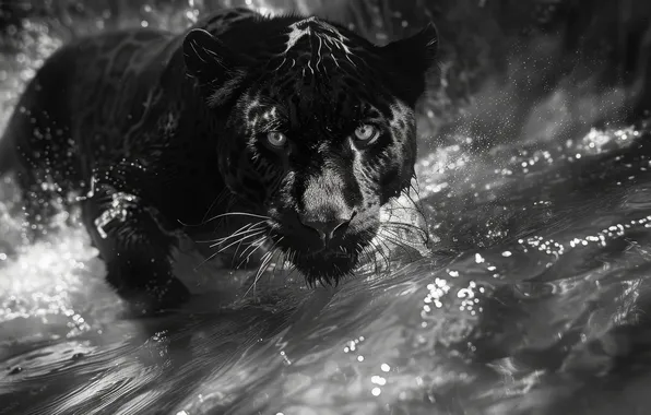 Picture Water, Look, Panther, Face, Predator, Digital art, Black and white, Big cat