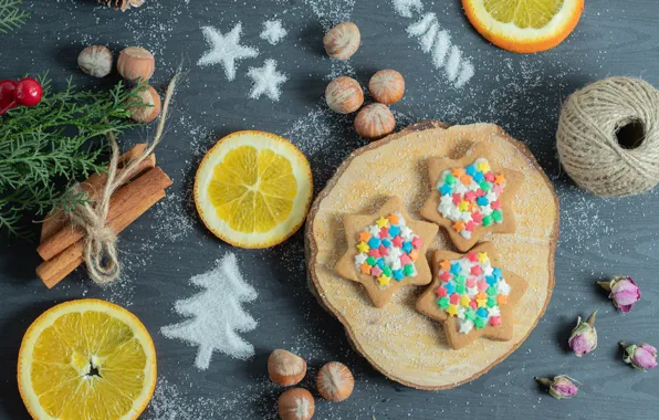Table, oranges, rope, cookies, Christmas, New year, sugar, nuts