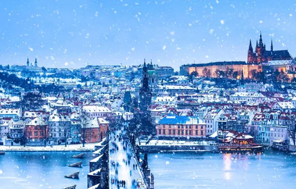 Winter, river, Prague, Czech Republic, Christmas, panorama, Charles bridge