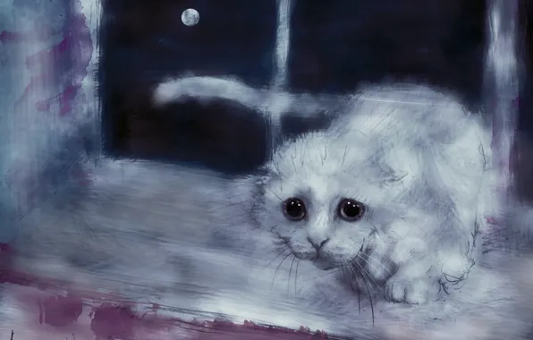Cat, look, the moon, figure, window, art, white, sill