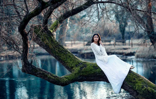 Autumn, girl, pond, tree, mood, dress, Alessandro Di Cicco