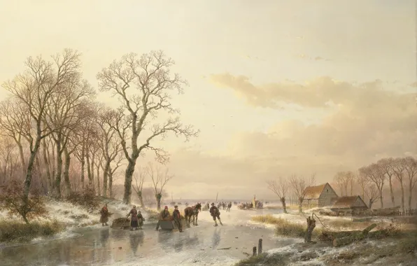 Picture landscape, oil, picture, canvas, Andreas Schelfhout, Frozen River Maas