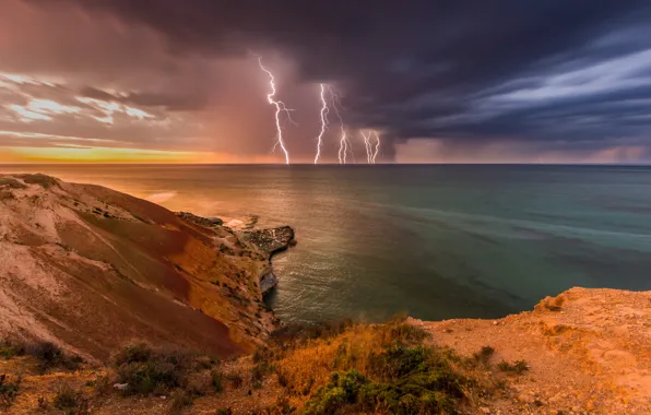 The storm, wave, rocks, shore, lightning, Australia, light, storm