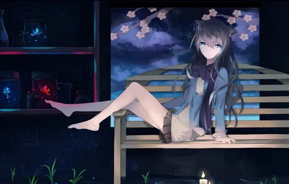 Picture girl, flowers, bench, fire, candles, anime, Sakura, art