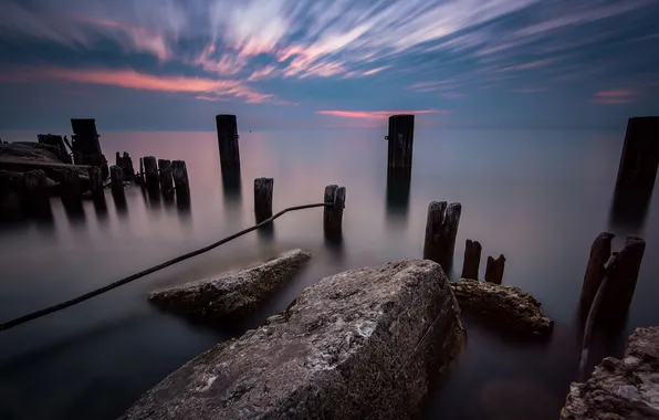 Sea, landscape, sunset, stones