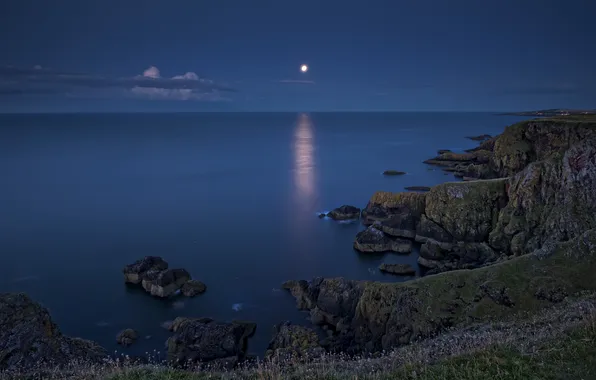 Sea, rocks, the moon, coast, Scotland, water surface, Scotland, North sea