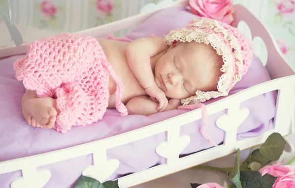 Picture sleeping, girl, cap, baby, cot, pants