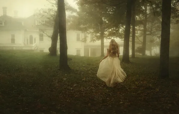 Autumn, grass, girl, trees, landscape, nature, pose, fog