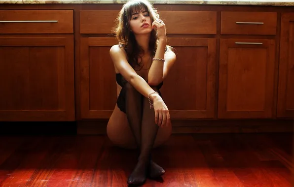 Girl, linen, stockings, kitchen, floor, brown hair, cabinets