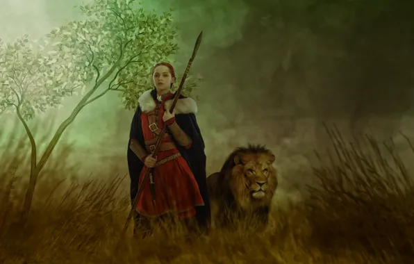 Girl, tree, Leo, warrior, spear