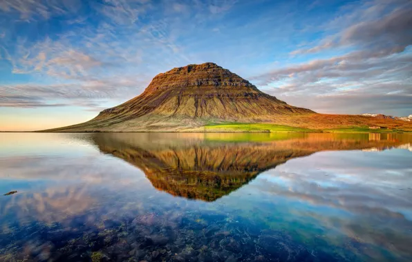 Clouds, sunset, nature, lake, reflection, mountain, the volcano, Iceland
