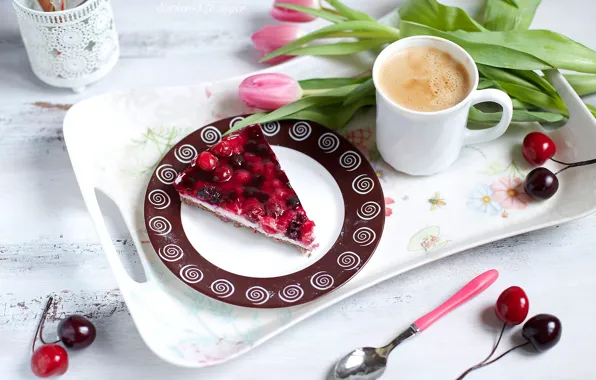 Wallpaper cherry, coffee, pie, tulips