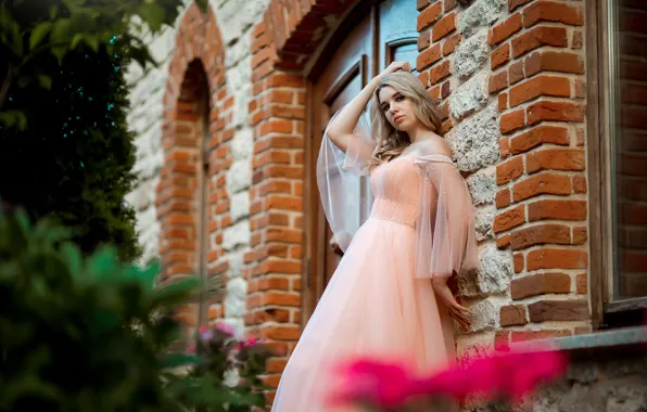 Look, girl, pose, the building, Windows, dress, blonde, curls