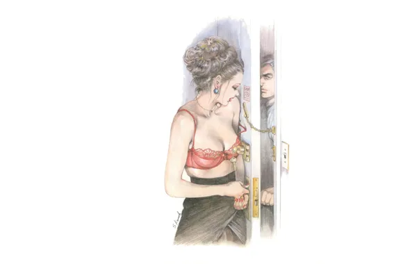 Girl, minimalism, the door, guy, pencil drawing