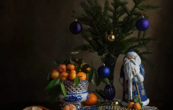 Leaves, balls, branches, the dark background, table, toy, toys, bouquet