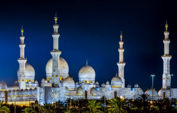 Night, mosque, architecture, Abu Dhabi, UAE, The Sheikh Zayed Grand mosque, Abu Dhabi, minarets
