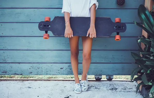 Summer, girl, wall, feet, sneakers, girl, wall, skate