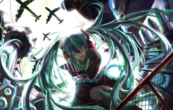Picture the sky, girl, the fence, building, art, tie, vocaloid, hatsune miku