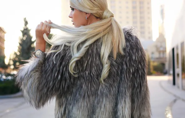 Girl, face, hair, blonde, profile, coat, fur