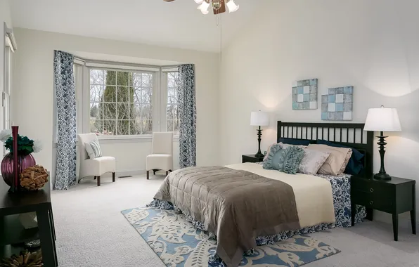 Picture design, style, carpet, lamp, bed, chair, window, bedroom