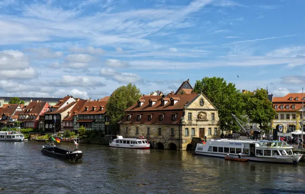 The sky, clouds, trees, river, home, ships, Germany, Bamberg