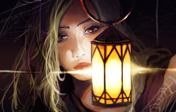 Girl, close-up, web, lamp, digital painting