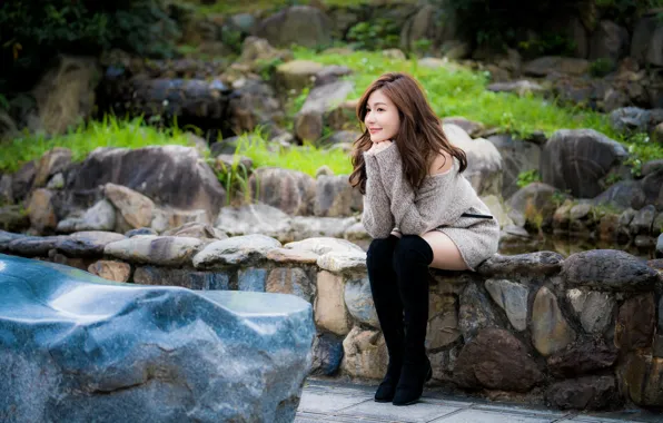 Picture girl, stones, legs, Asian, sitting