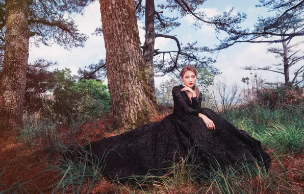 Picture look, girl, tree, dress, Asian