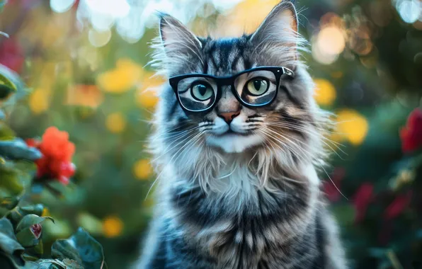 Cat, cat, look, flowers, pose, grey, glasses, face