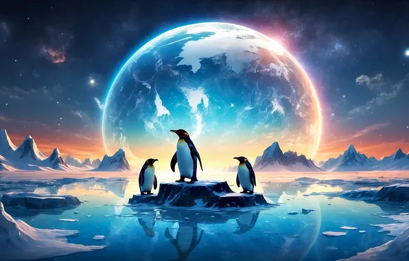 Winter, the sky, space, light, snow, mountains, birds, reflection