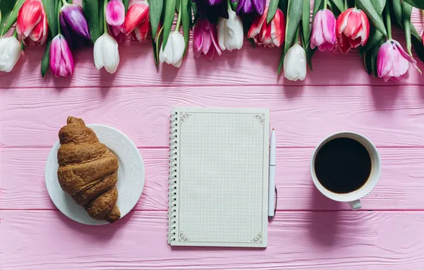 Tulips, Coffee, Drink, Notepad, Handle, Croissant