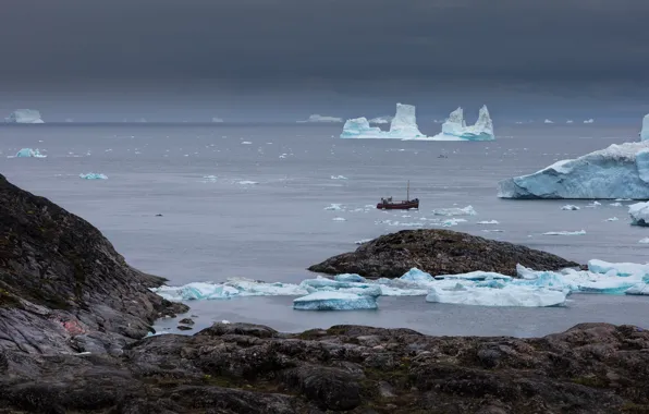Ice, winter, sea, the sky, water, clouds, clouds, stones