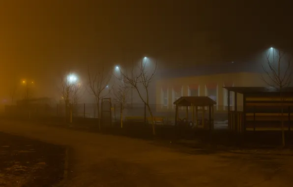 Night, the city, fog, building, spring, lights, Russia, architecture