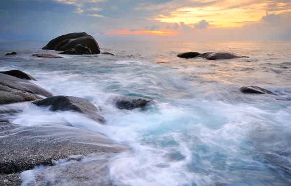 Sand, sea, wave, beach, summer, the sky, sunset, stones