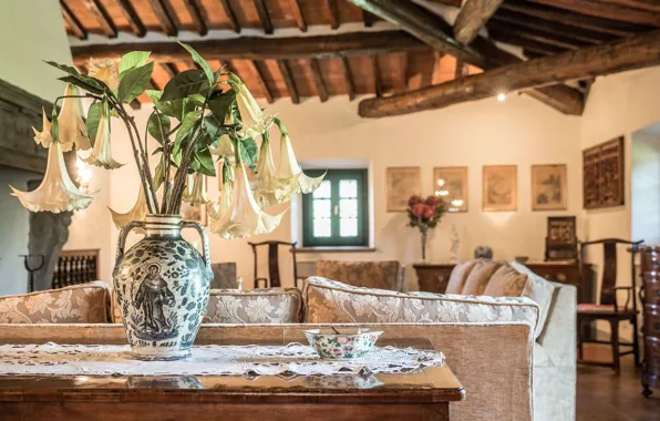 Flowers, design, style, interior, Italy, vase, living room, Tuscany