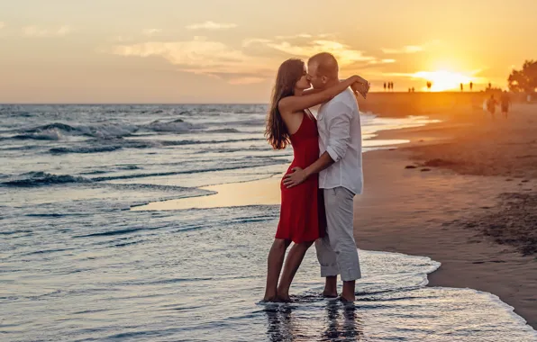 Sea, girl, sunset, passion, kiss, hugs, pair, male