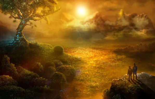 Picture trees, landscape, sunset, mountains, fantasy