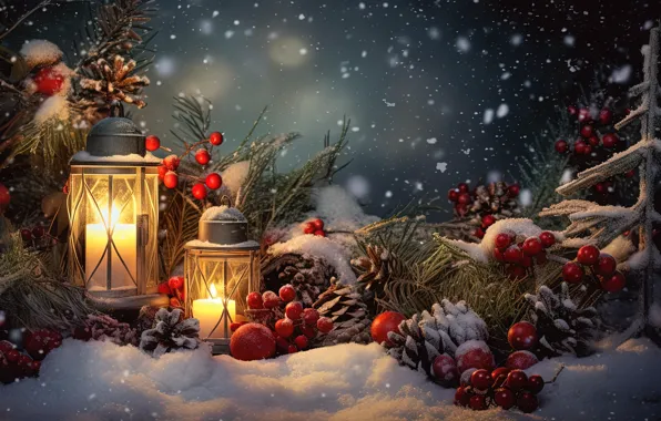 Winter, snow, decoration, berries, New Year, Christmas, lantern, light