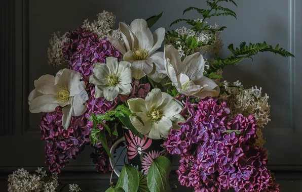 Picture flowers, branches, mug, lilac, Anna, Petina, clematis