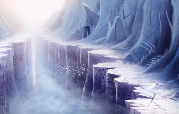 Picture fog, rocks, bird, art, ladder, gorge