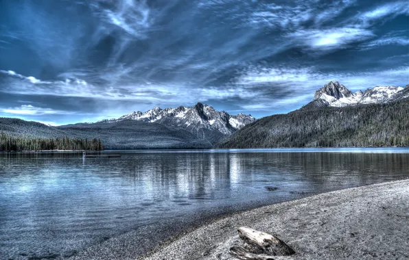 Picture the sky, clouds, trees, mountains, lake, hdr