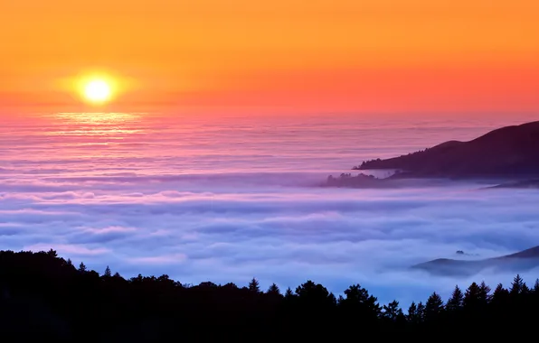 Picture sea, mountains, nature, fog, the evening