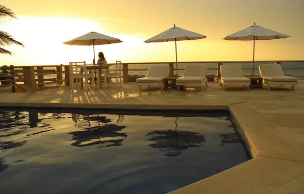 Girl, sunset, the evening, pool, terrace