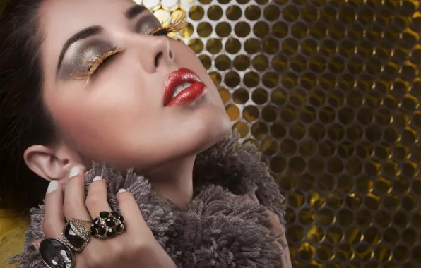 Girl, face, eyelashes, ring, makeup