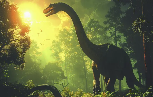 The sun, Grass, Trees, Dawn, Dinosaur, Neck, Animal, Digital art