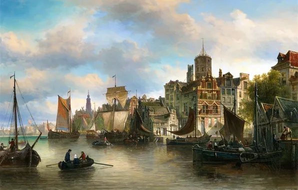 Water, Home, People, Boats, Picture, Ships, Dutch artist, Elias Pieter van Bommel
