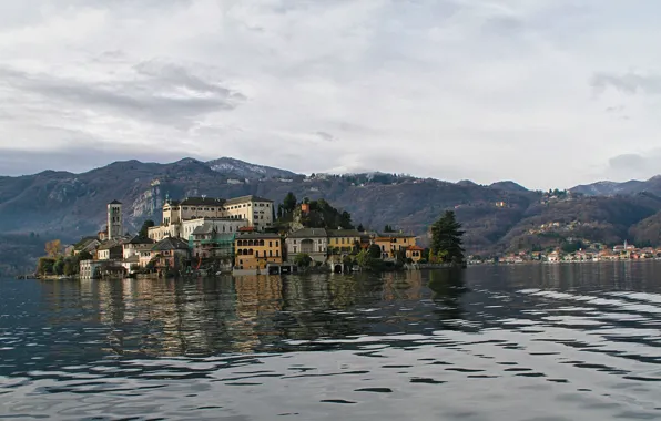 The sky, trees, mountains, tower, home, Italy, lake Orta, the island of San Giulio