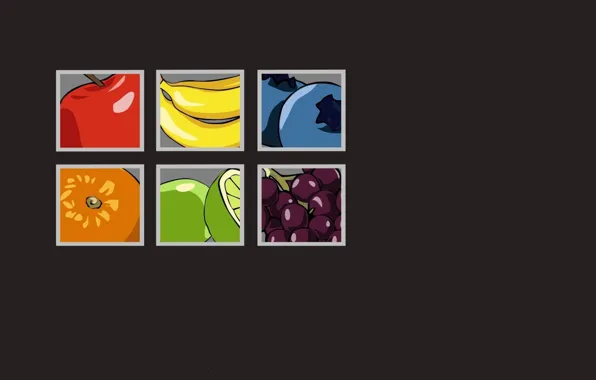 Apple, orange, squares, grapes, bananas, fruit, grapefruit, blueberries