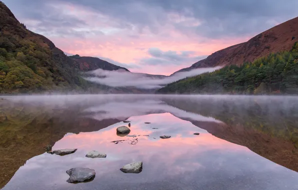 Autumn, forest, the sky, clouds, mountains, fog, lake, reflection