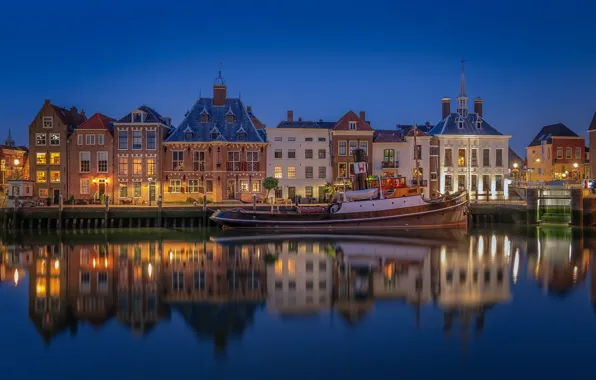 Reflection, river, building, home, tug, pier, Netherlands, night city